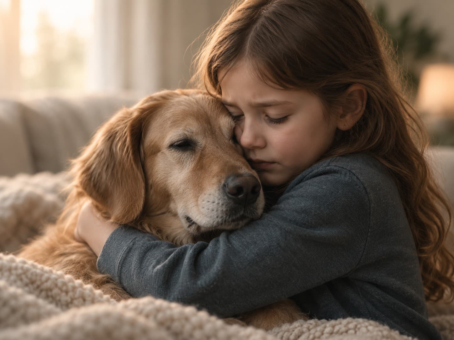 A young girl with her eyes closed, hugging an old golden retriever on a sofa.