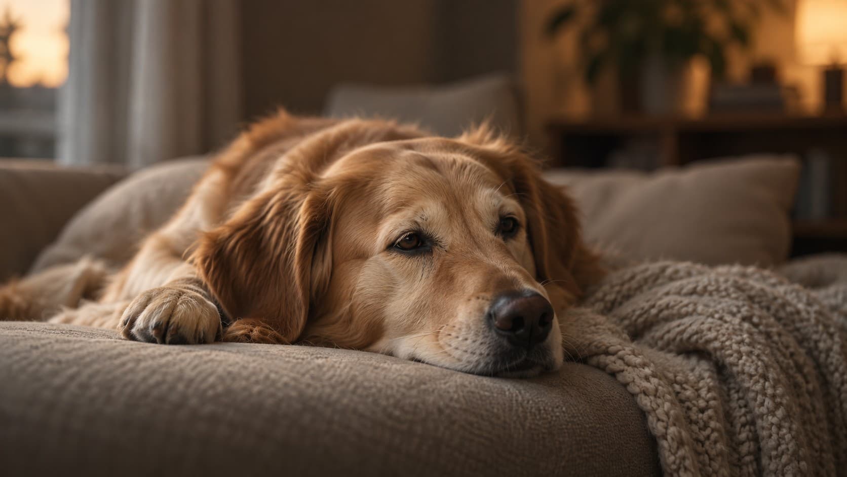An elderly golden retriever asleep on a blanket in the last of the evening light.